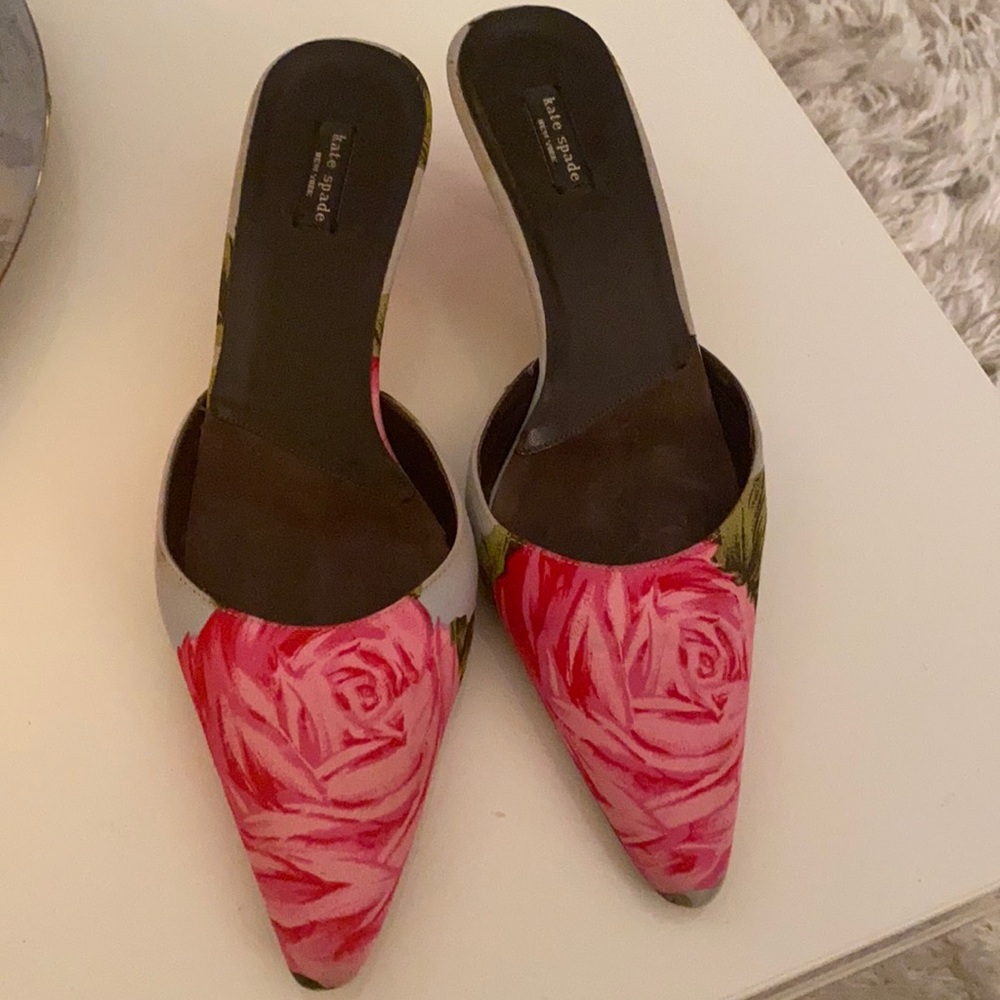 Kate Spade Rose Pattern Kitten Heel Mules sz 8.5